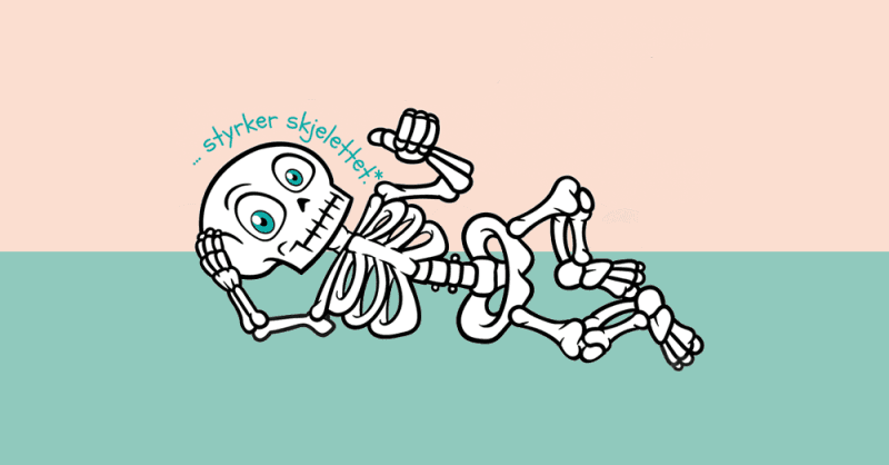 Illustrasjon av et skjelett som ligger og slapper av, med teksten «styrker skjelettet».